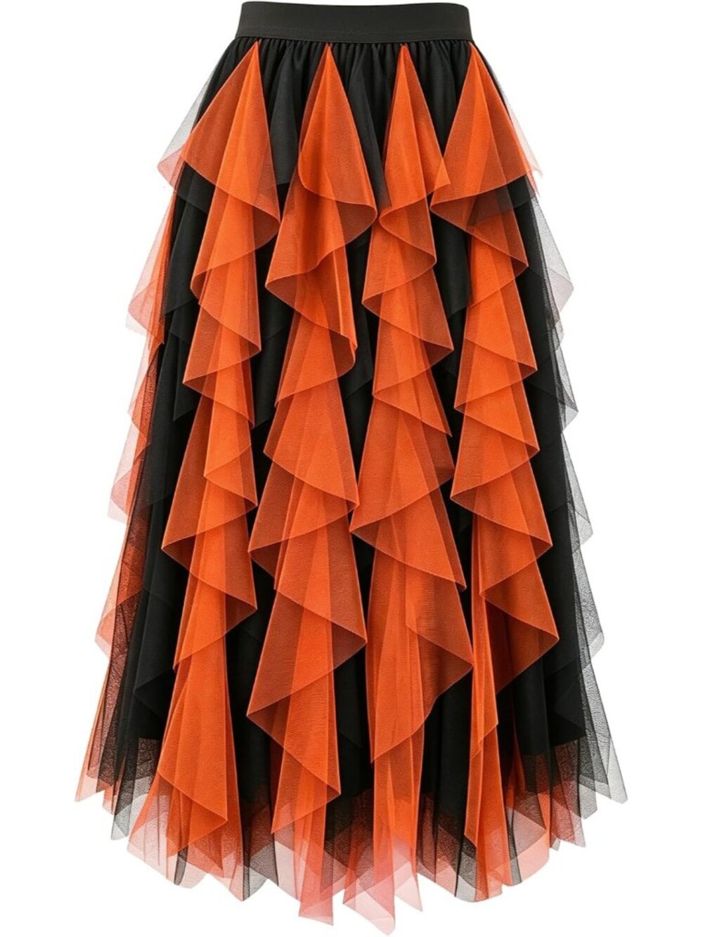 Womens Black Orange High Waist Layered Tulle Mesh Ruffle Asymmetric Midi Skirt